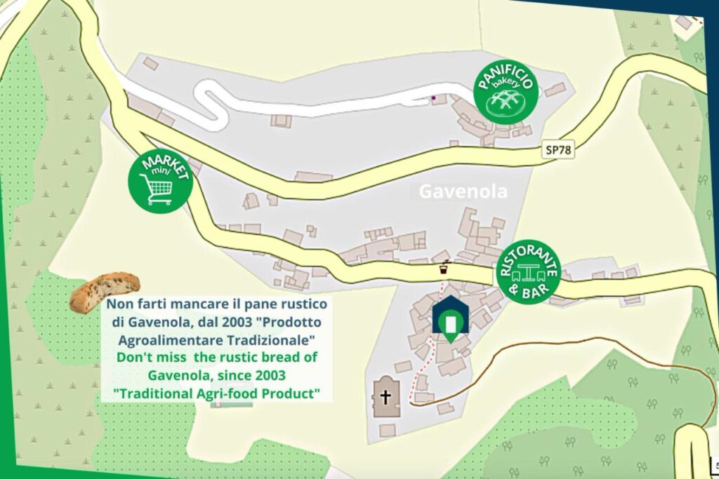 Map of Gavenola village with shop, bakery, restaurant and bar